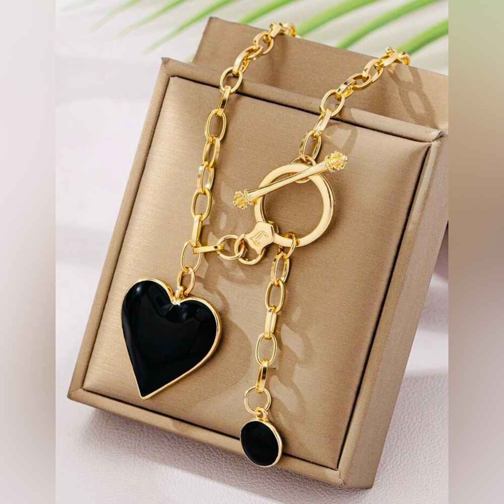 Gold and Black Heart Teardrop Pendant Necklace